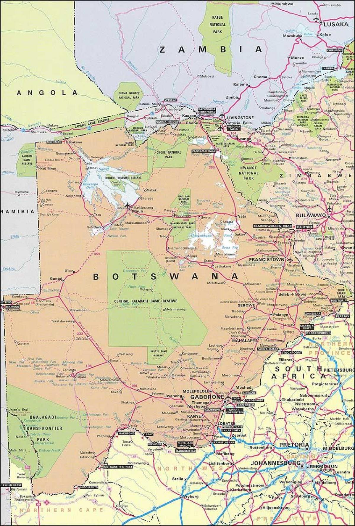 karta över Botswana karta med avstånd