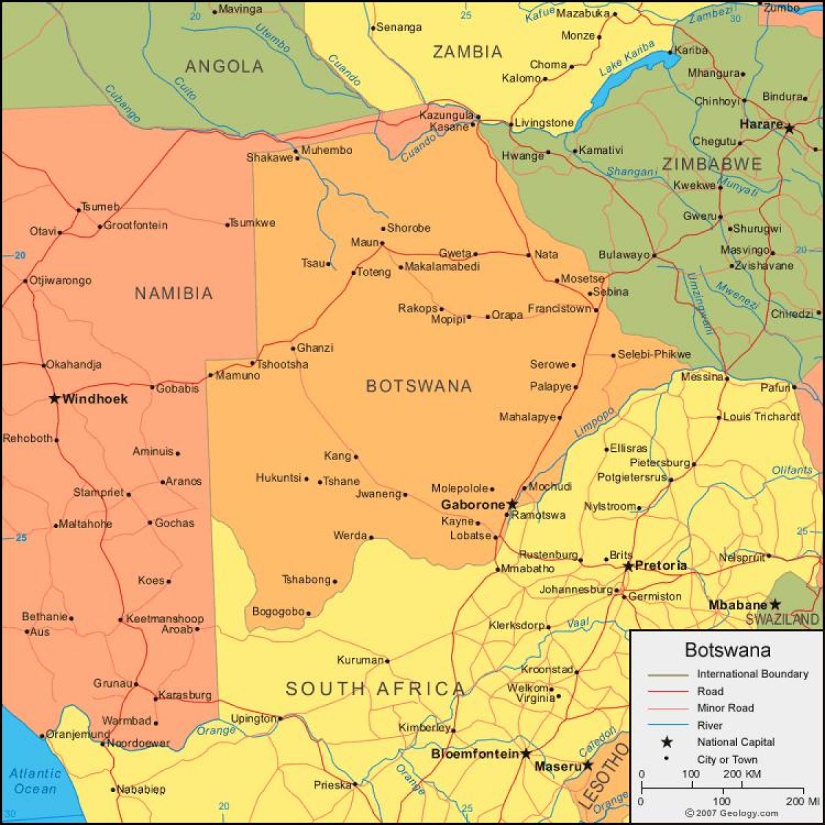 karta över Botswana visar alla byar
