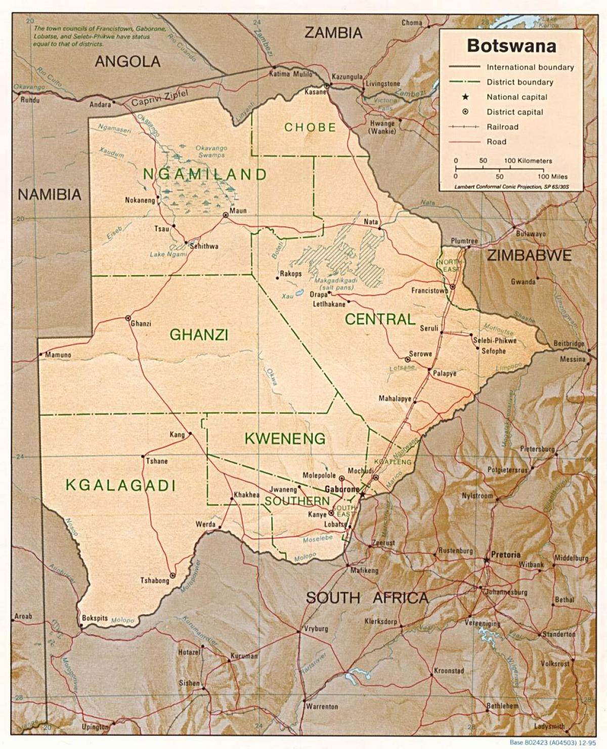 karta över Botswana visar städer och byar