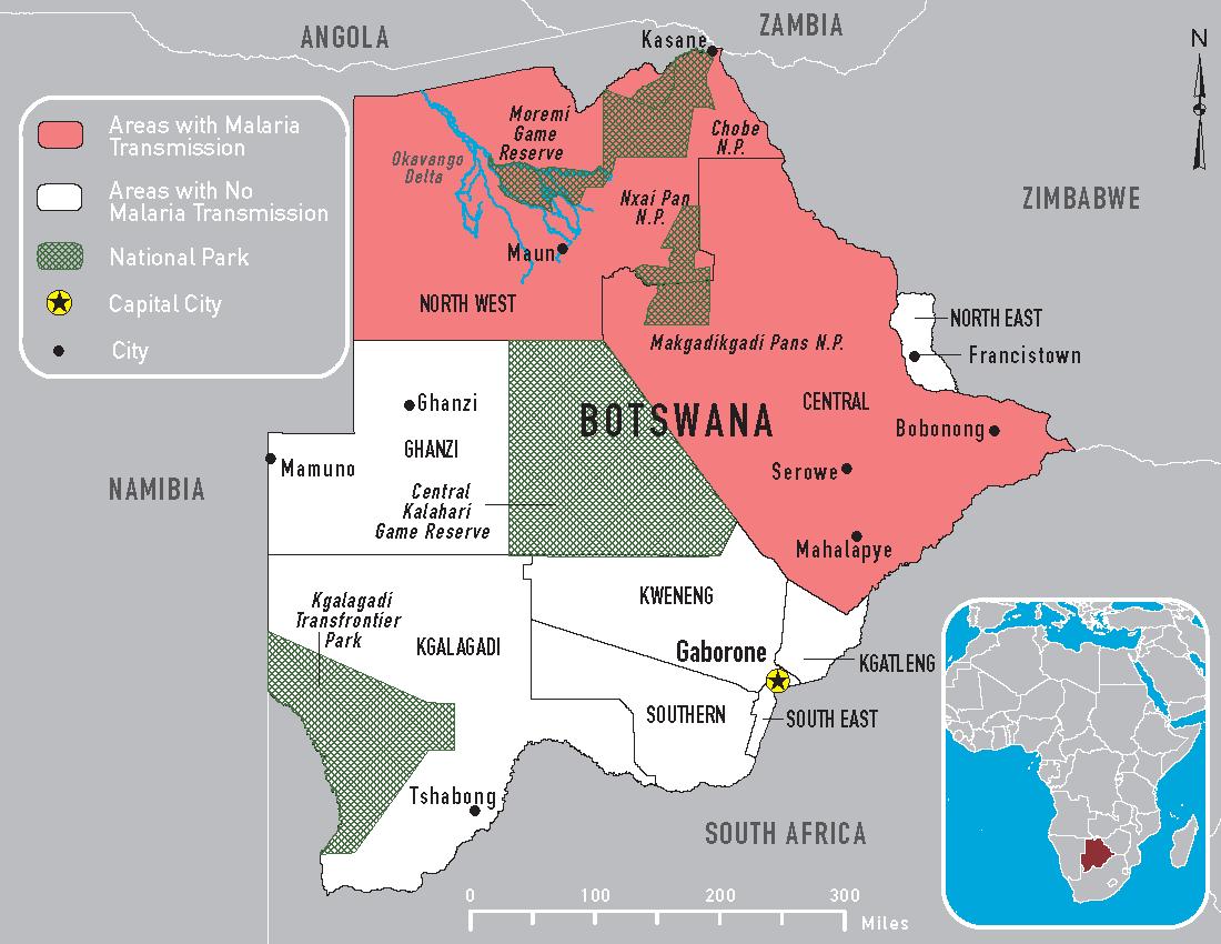 Botswana malaria karta - Karta över Botswana malaria (Södra Afrika, Afrika)